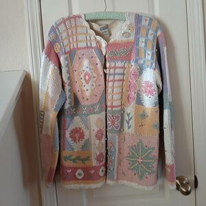 Vintage hand knit patchwork cardigan sweater butterfly floral scalloped edges L